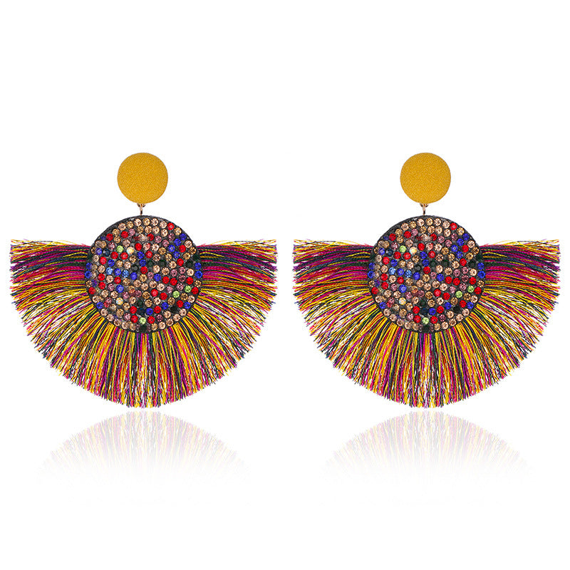 Wholesale Colored Diamond Scalloped Tassel Bohemian Exaggerated Earrings